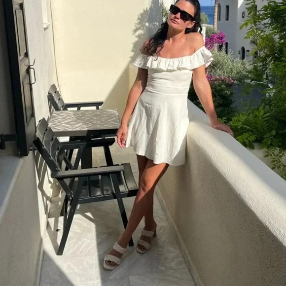 Zara Linen Blend Ruffle Bow Tie Back Mini Dress Ecru White Size Small - Picture 4 of 12